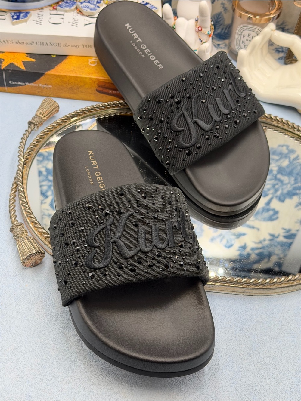 🆕 KURT GEIGER LONDON 🧿 NWOB Brockwell Black Embroidered Logo KURT Slide Sandal